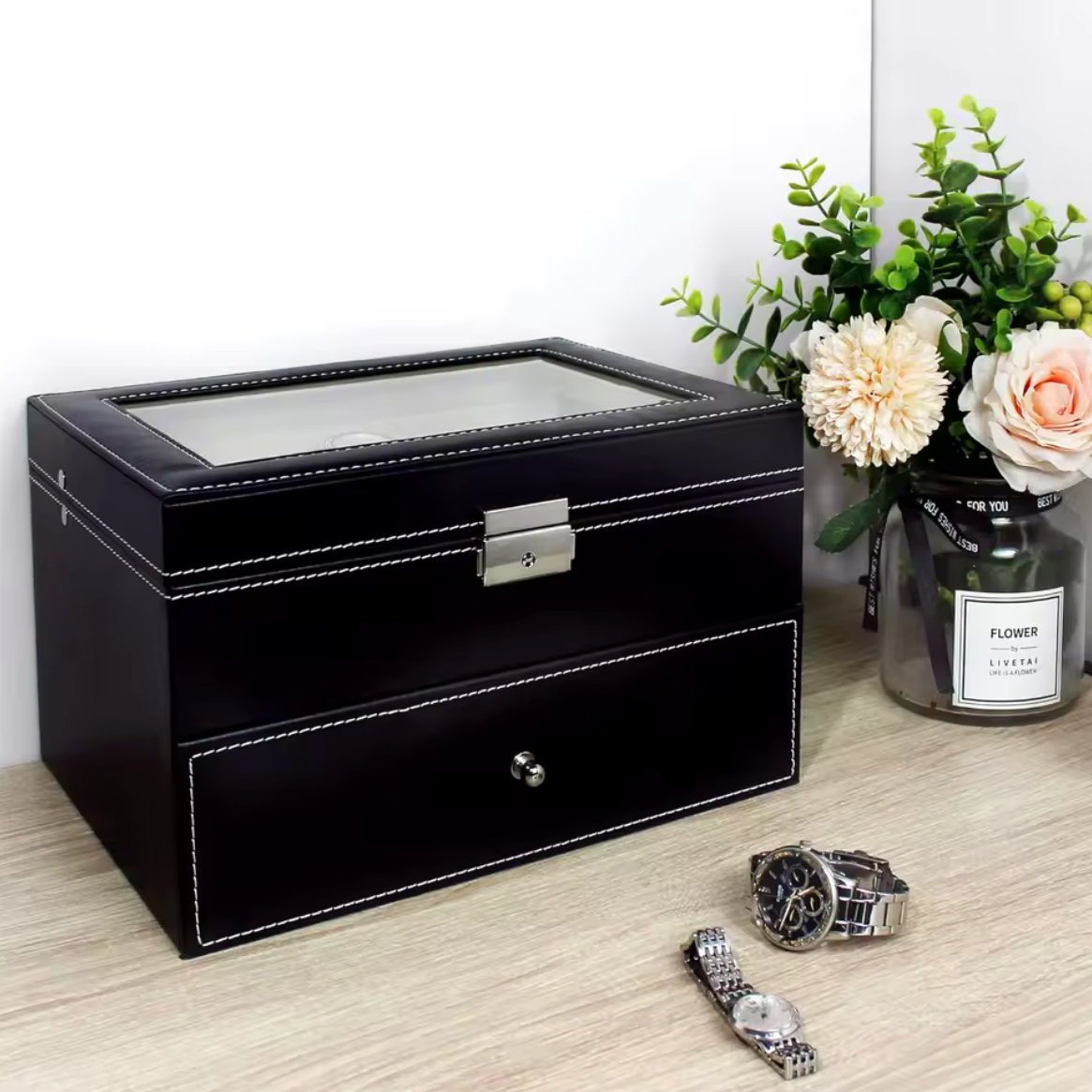 Coffret de Rangement 20 Montres avec Tiroir et Clé