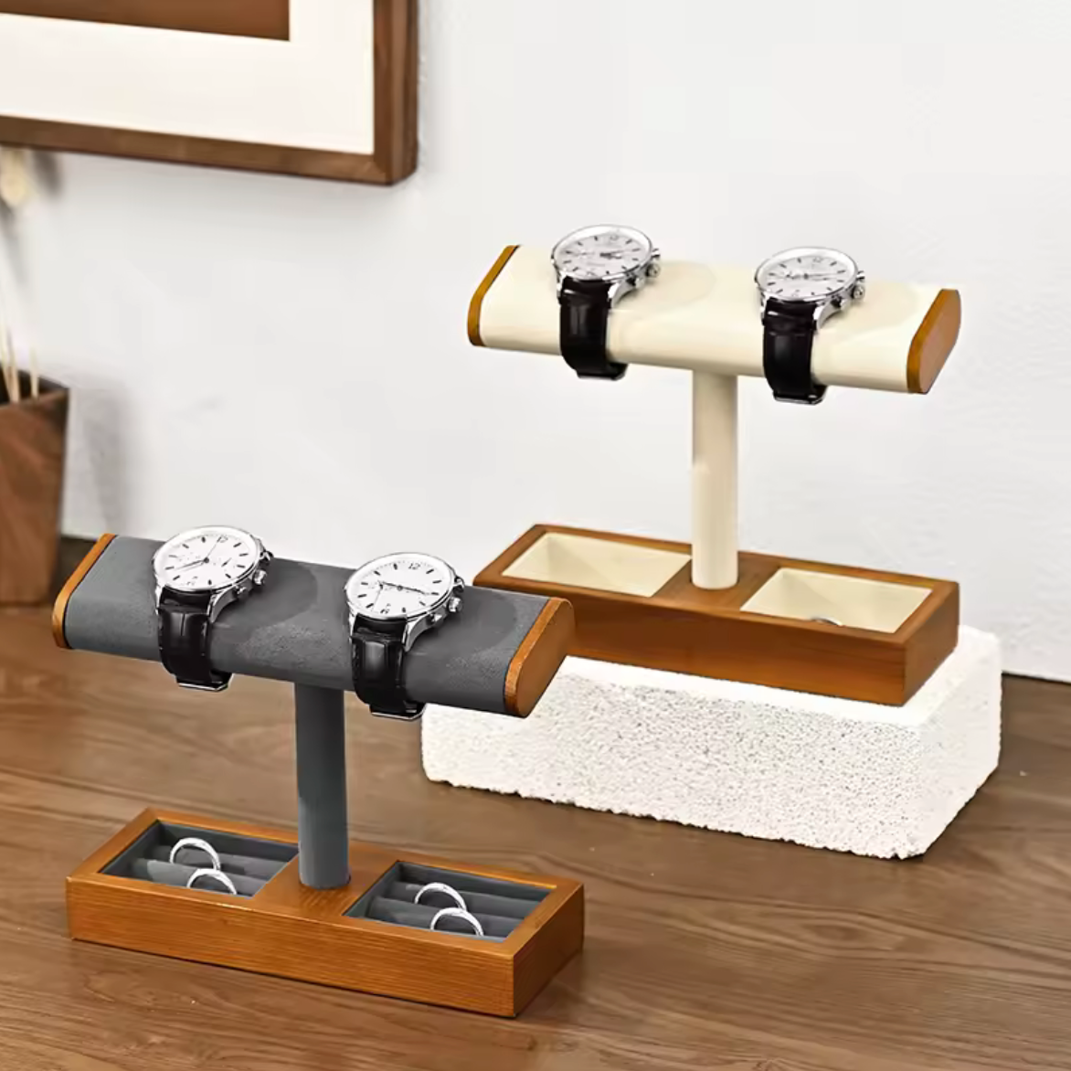 Présentoir Montres en T Bois – 2 ou 4 Montres Gris ou Beige
