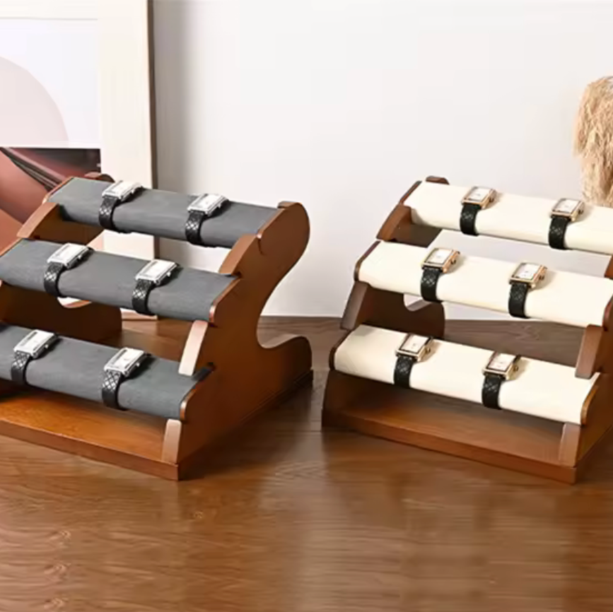 Présentoir Montres 3 Niveaux Bois Massif – Gris ou Beige