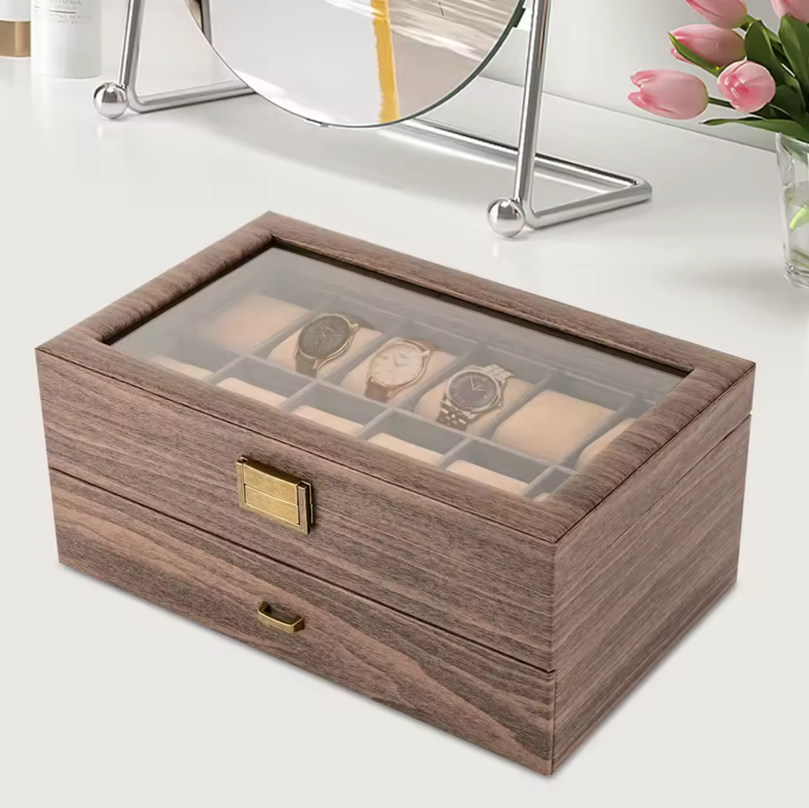 Coffret de Rangement avec Tiroir 24 Montres - Bois