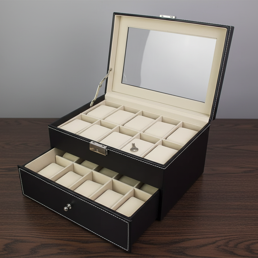Coffret de Rangement 20 Montres avec Tiroir et Clé